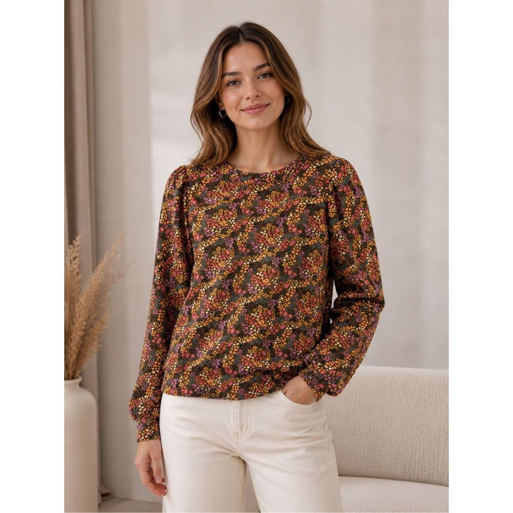 Marine Layer Enya Puff Sleeve Sweatshirt Cheetah Ditsy Floral Size XS